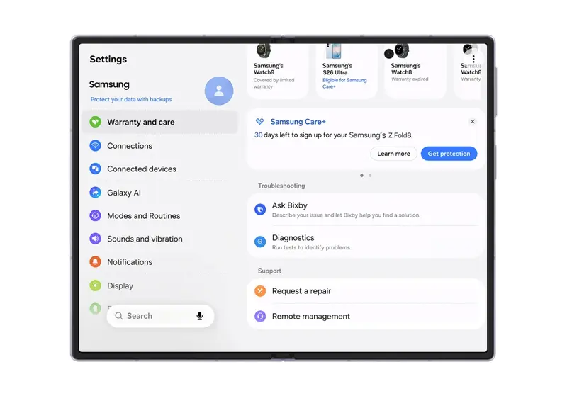 Galaxy Warranty and Care: One UI 9-ல் வாரண்டி, பழுது பரிசோதனை, ரிப்பேர் ஒரே இடத்தில்